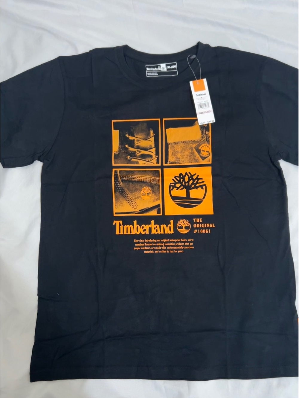 Timberland Men's XL Black Graphic T-Shirt with Orange Print, New with Tags